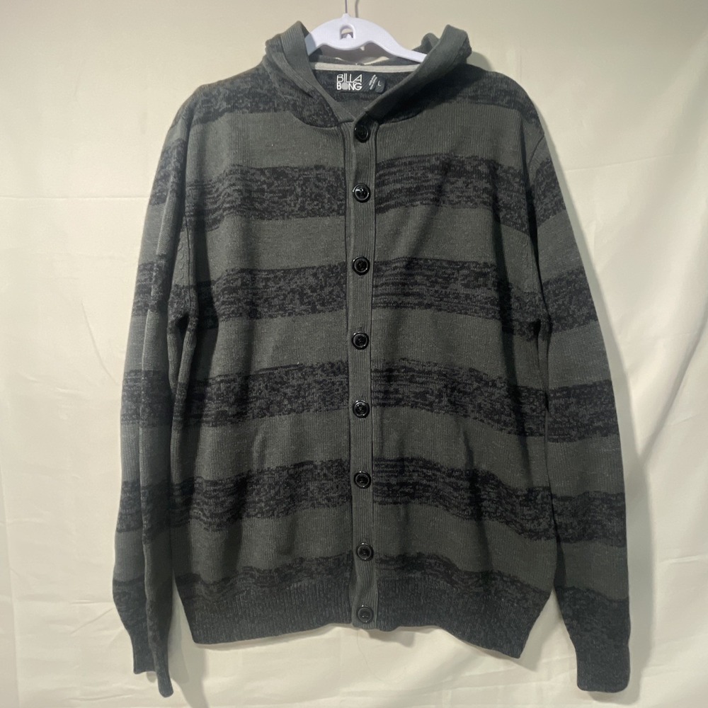 BILLABONG Hooded Button Up Sweater Long Sleeve Men's Size Large Black/ Grey